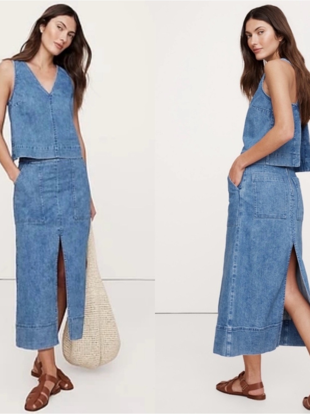 Banana Republic Light Blue Denim Midi Skirt with Front Slit